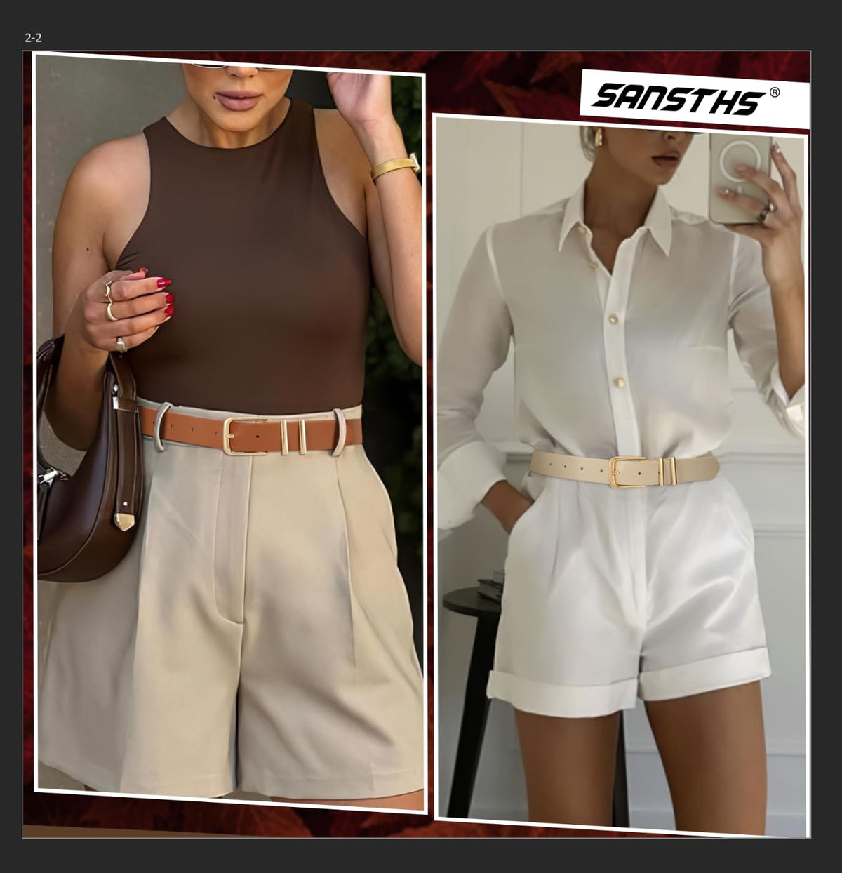 SANSTHS 2 Pack Women Belt for Jeans Pants, Simple Fashion Ladies Waist Belt with Gold Buckle, 1inch Width, Black+Beige S
