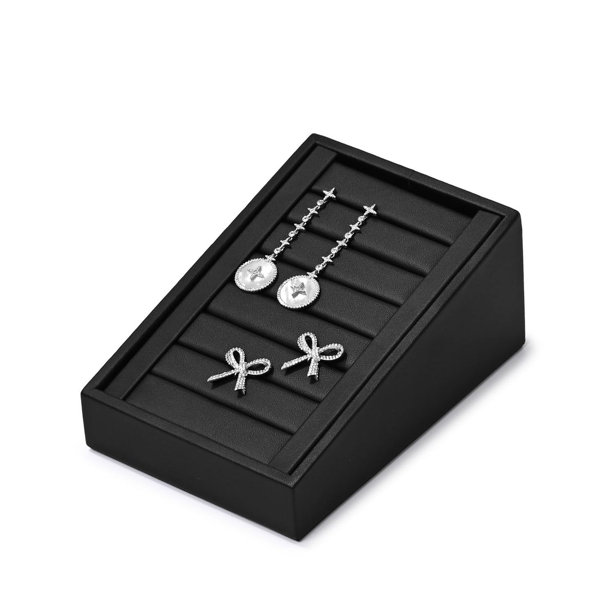Woodten PU Leather Jewelry Ring Tray Display Stand Slotted Ring Showcase Display Organizer Holder for Trade Show(Black)