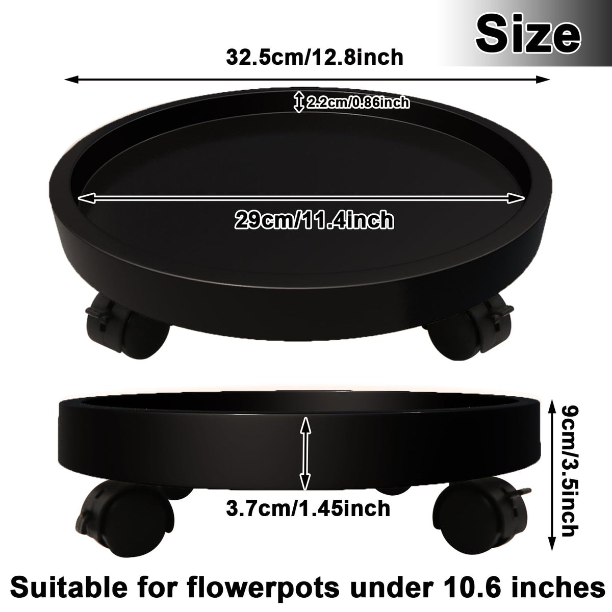 RUENXG 2-Pack 13" Heavy Duty Plant Caddy with Lockable Wheels, Industrial-Grade Rolling Plant Stand for Indoor/Outdoor Potted Plants, Flower Pots & Garden Decor - Black