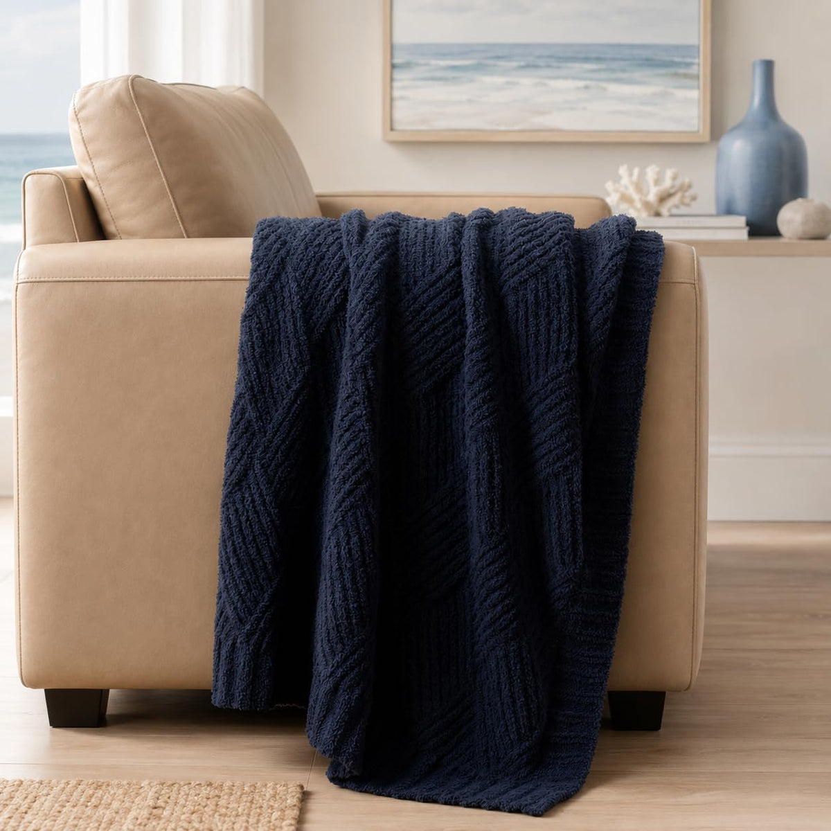 Battilo Navy Blue Chenille Throw Blanket for Couch, Soft Diamond Textured Knit Blanket, Cozy Lightweight Decorative Blankets for Sofa, 50"x60"