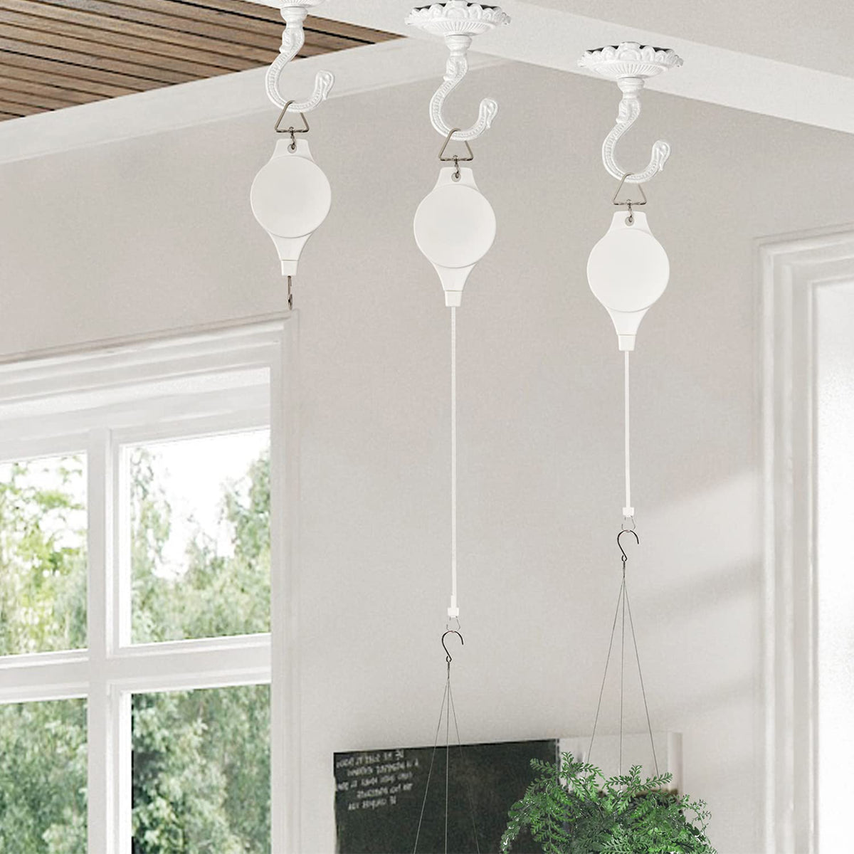 Sungmor Heavy Duty Ceiling Hooks for Hanging Planters, 3pcs Set Indoor Outdoor Plant Pulleys Adjustable Plant Hangers, Plant Hooks for Hanging Basket Flower Pot Bird Feeder