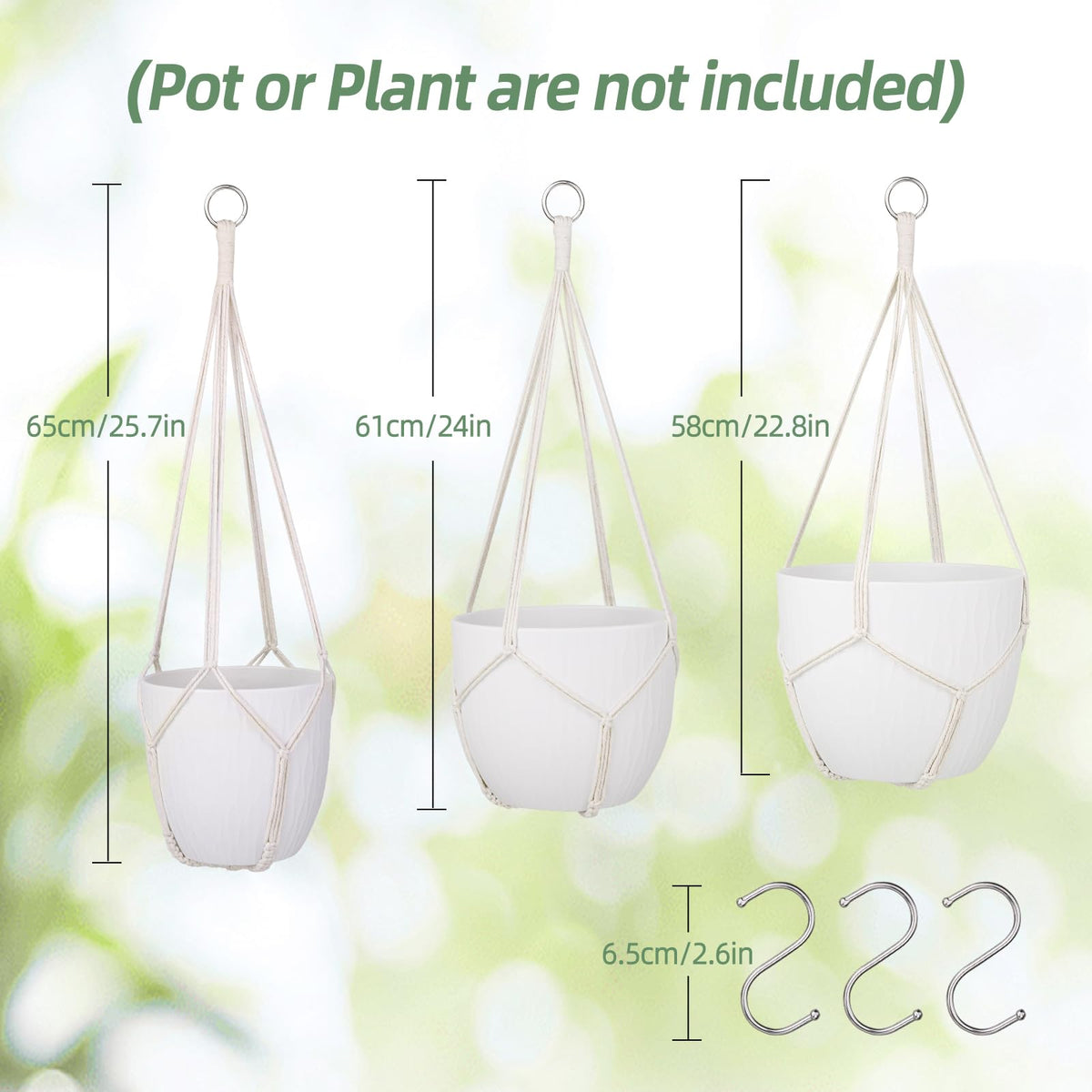 garini 3 Pack Different Size Macrame Plant Hanger,Hanging Plants Holder with 3 Hooks for Boho Home Decor(POTS NOT Included)