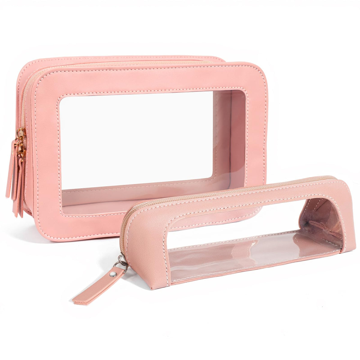 LETGO Clear Travel Makeup Brush Bag, Leather Portable Makeup Brush Bag Organizer Pouch Lipstick Bag Transparent Waterproof Makeup Bag Car Orangizer Storage Bag for Women (Dual Pink)