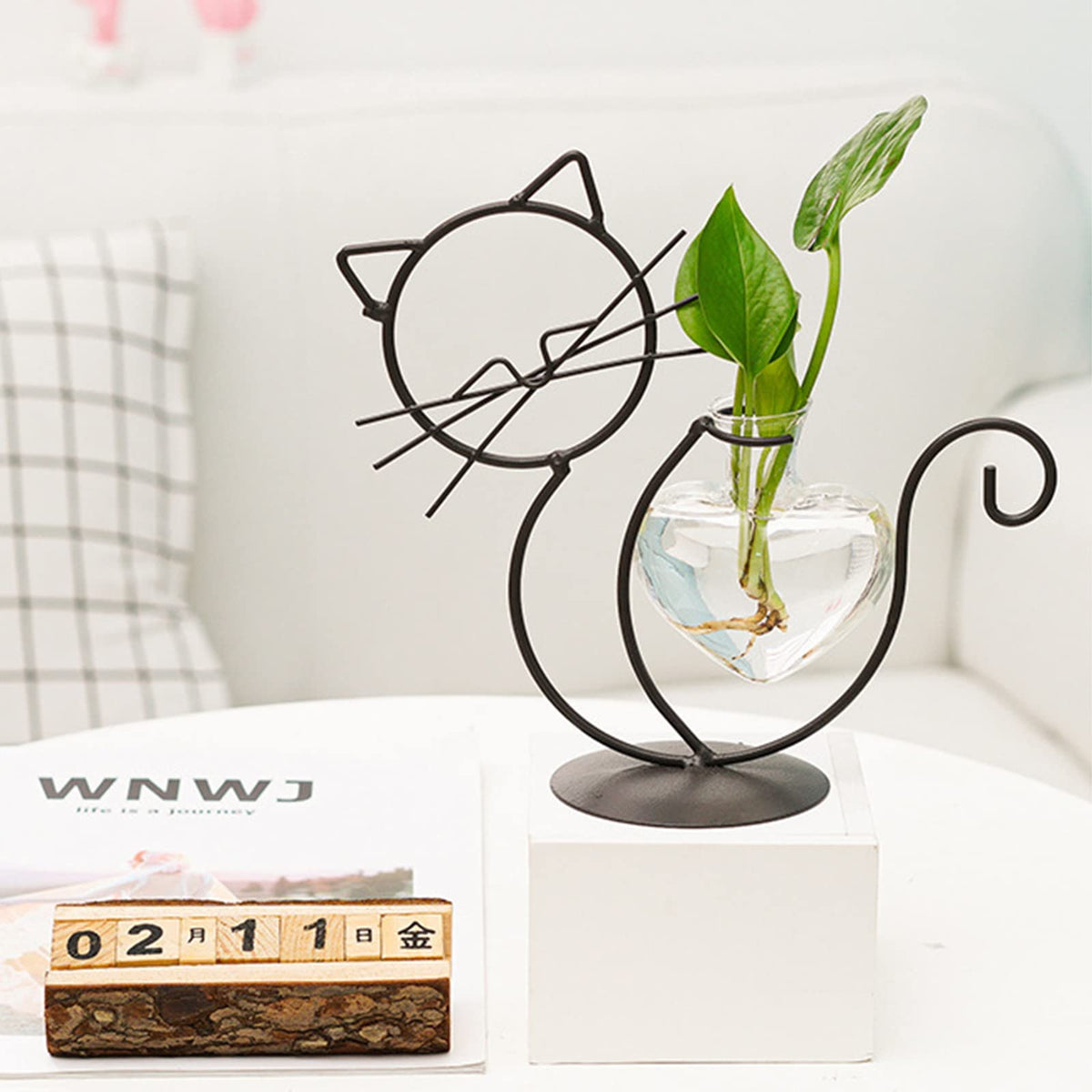 Cat Glass Planter Vase Holder - Plant Terrarium - Simple Cat Iron Flower Ware Hydroponic Flower Arrangement Vase (Sit)