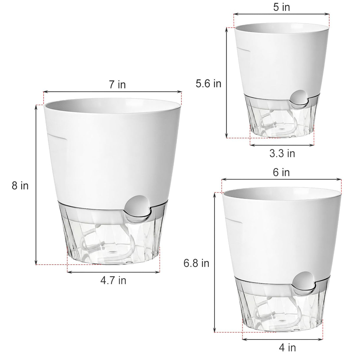 Hayder 5/6/7 Inch Self Watering Pots for Indoor Outdoor Plants 6 Pack, Plastic Planter with Drainage Holes, Water Level Indicator & Deep Clear Reservoir, Modern Decorative Flower Pots