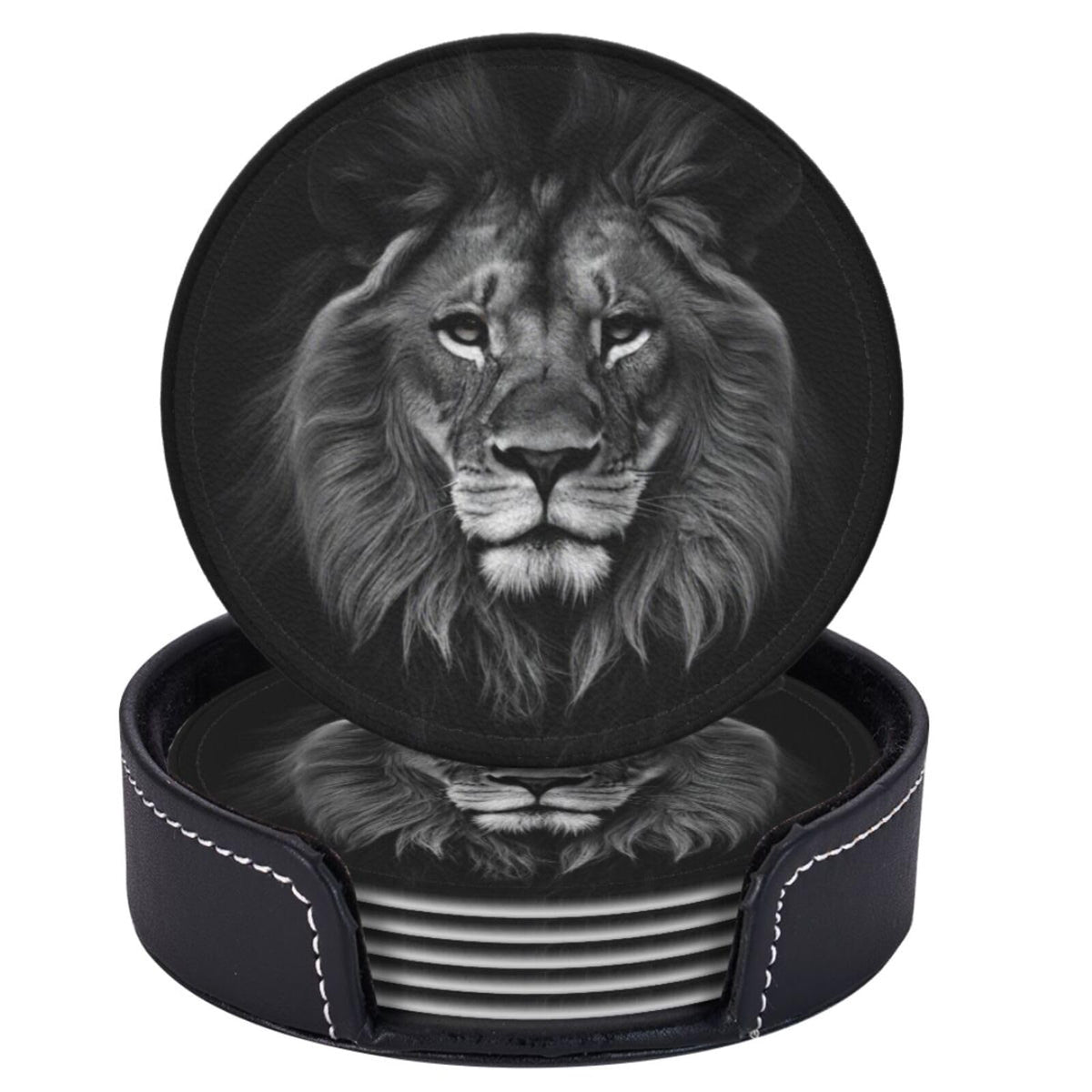 Famame 6 Pcs 3D Black Lion Leather Coasters for Drinks with Holder Coaster Sets Drink Table Cup Coasters for Living Room Kitchen Coffee Decor
