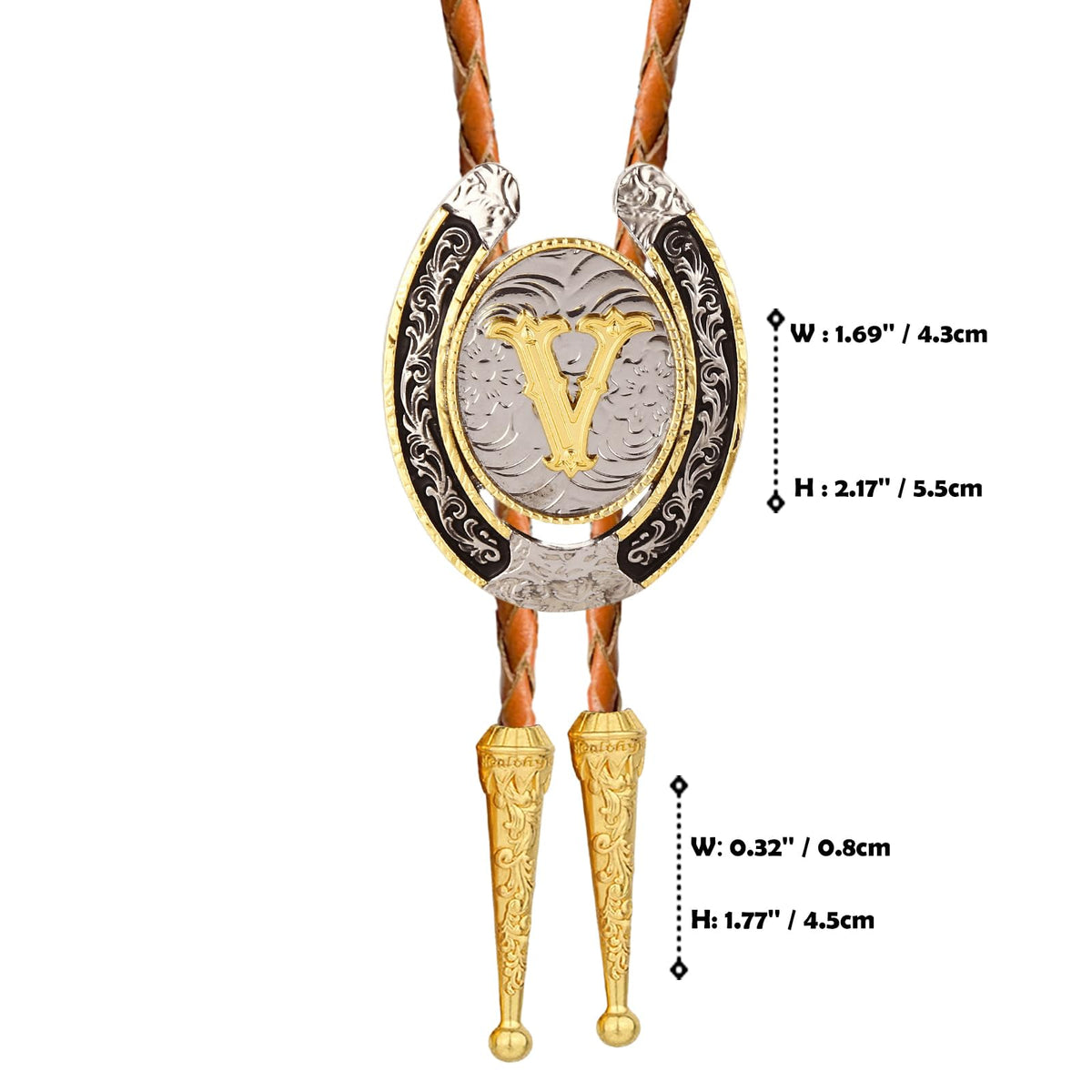 HLYMPONY Bolo tie for Men Western Cowboy Brown Leather Necktie Gold Initial Letter ABCDJMR to Z Bolo ties for Women (V)