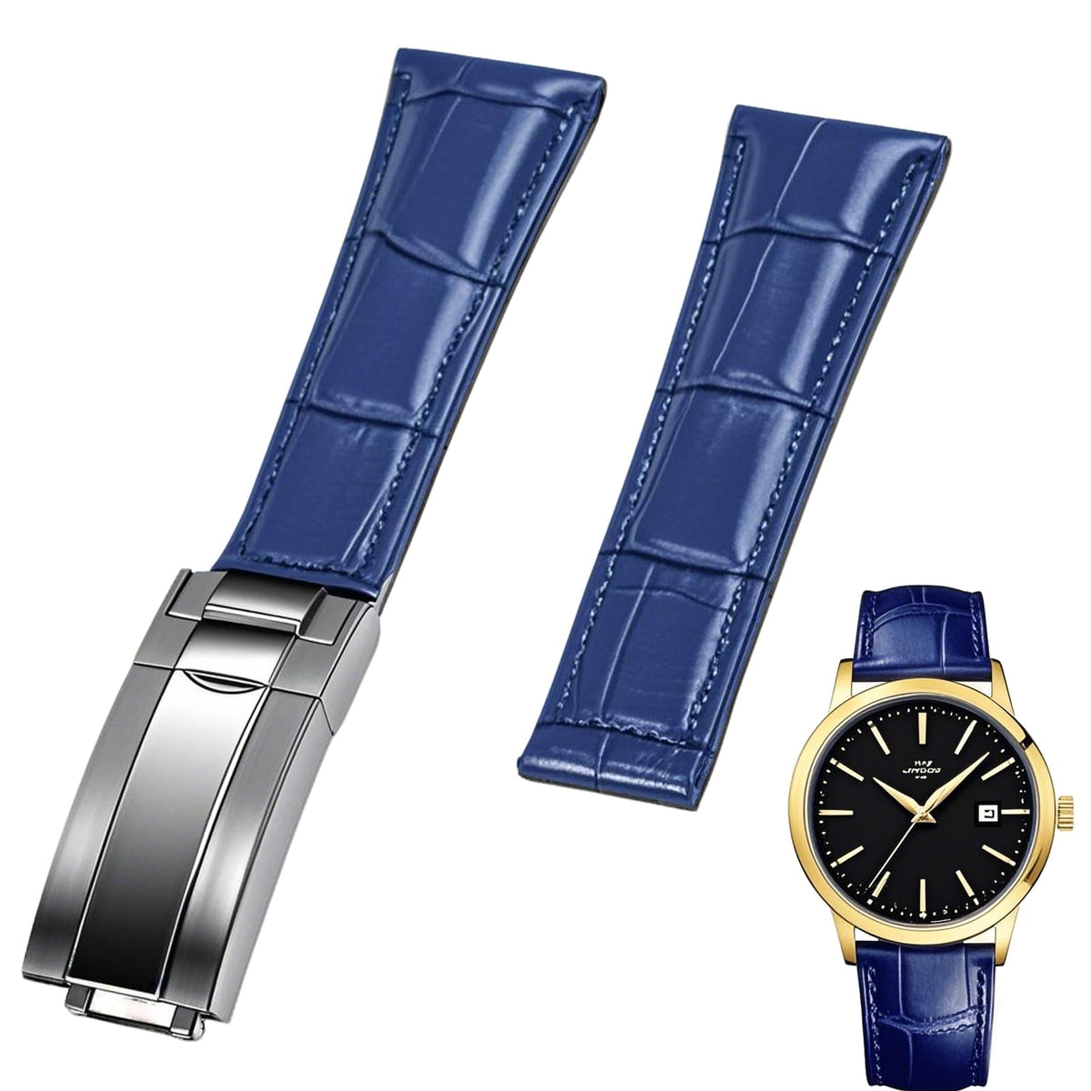 Juntan 20mm Leather Watch Band for Men Women, Premium Calfskin Genuine Leather Watch Strap Replacement Bands Straps Blue with Oyster Perpetual Deployment Clasp