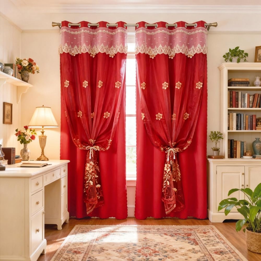 Amidoudou 1 Pair European Double Layer Curtains for Living Room Bedroom Luxury Flower Embroidered Curtains with Valance (Red,52x95 Inch)