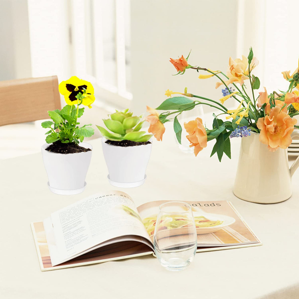 24 Set 4 Inch White Plant Nursery Pots,Plastic Planters Succulent Container with Trays and Drainage Holes for Indoor Outdoor Small Plants,Herbs,Seeds