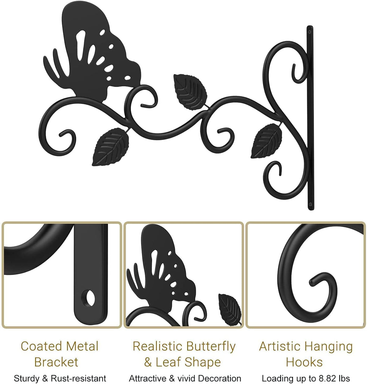 2Pack Hanging Plants Bracket Outdoor,12 Inch Plant Hooks for Hanging Baskets Wall-Mounted Gardening Bracket Hook for Bird Feeders,Flower Baskets,Lantern,(Butterfly)