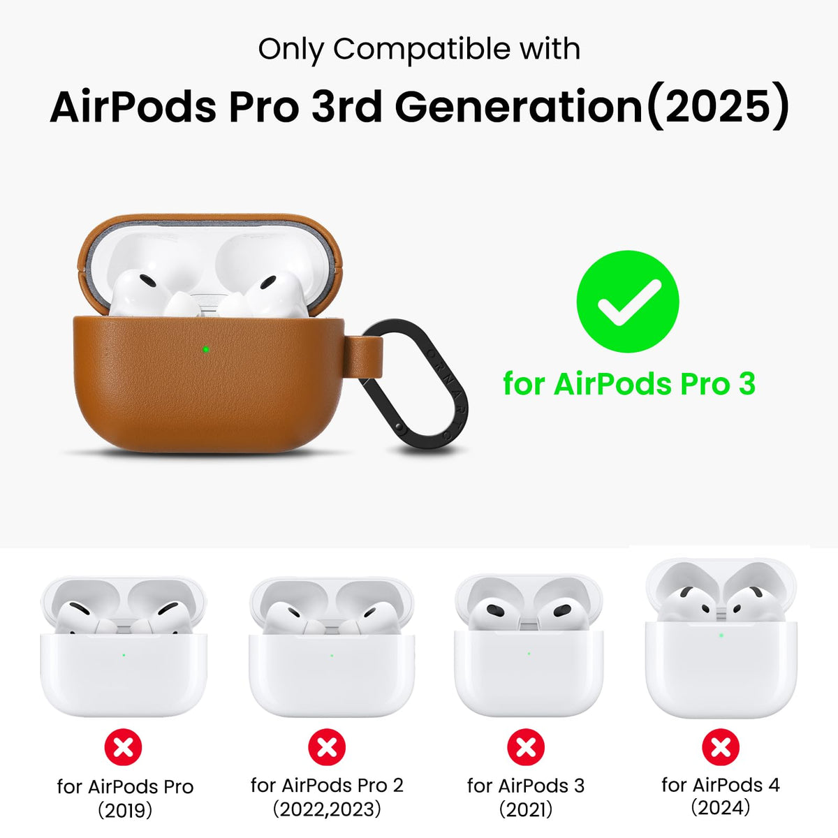 ORNARTO Compatible with AirPods Pro 3 Case, Full Protective Vegan Leather Cover for Airpods Pro 3rd Generation (2025), Front LED Visible, Brown Leather