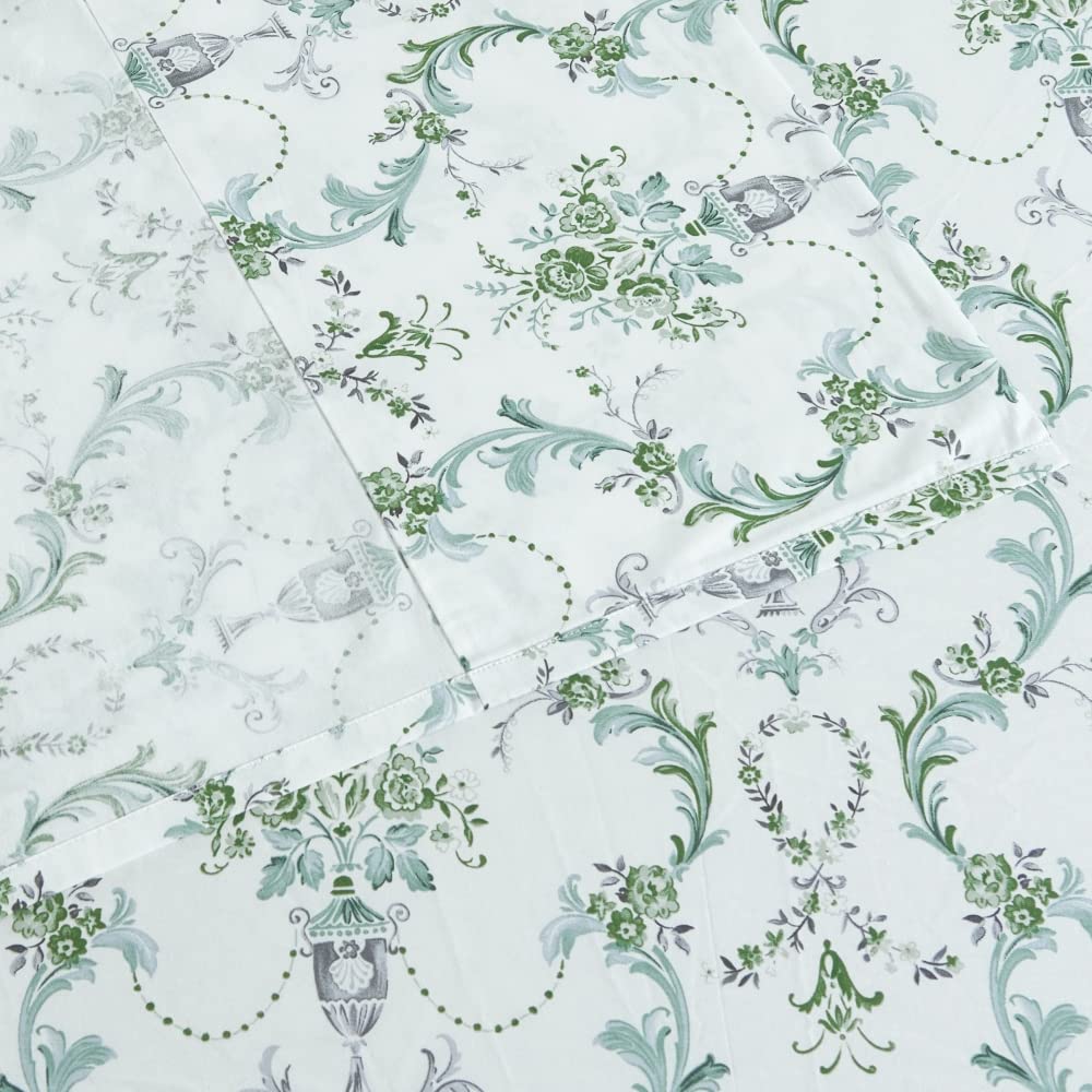 DAUAOTO 100% Cotton Bedding Printed Sheets Set for Full Size Bed Up to 14" Deep Mattress, Botanical Vines Pattern Bedlinen Sets, Green