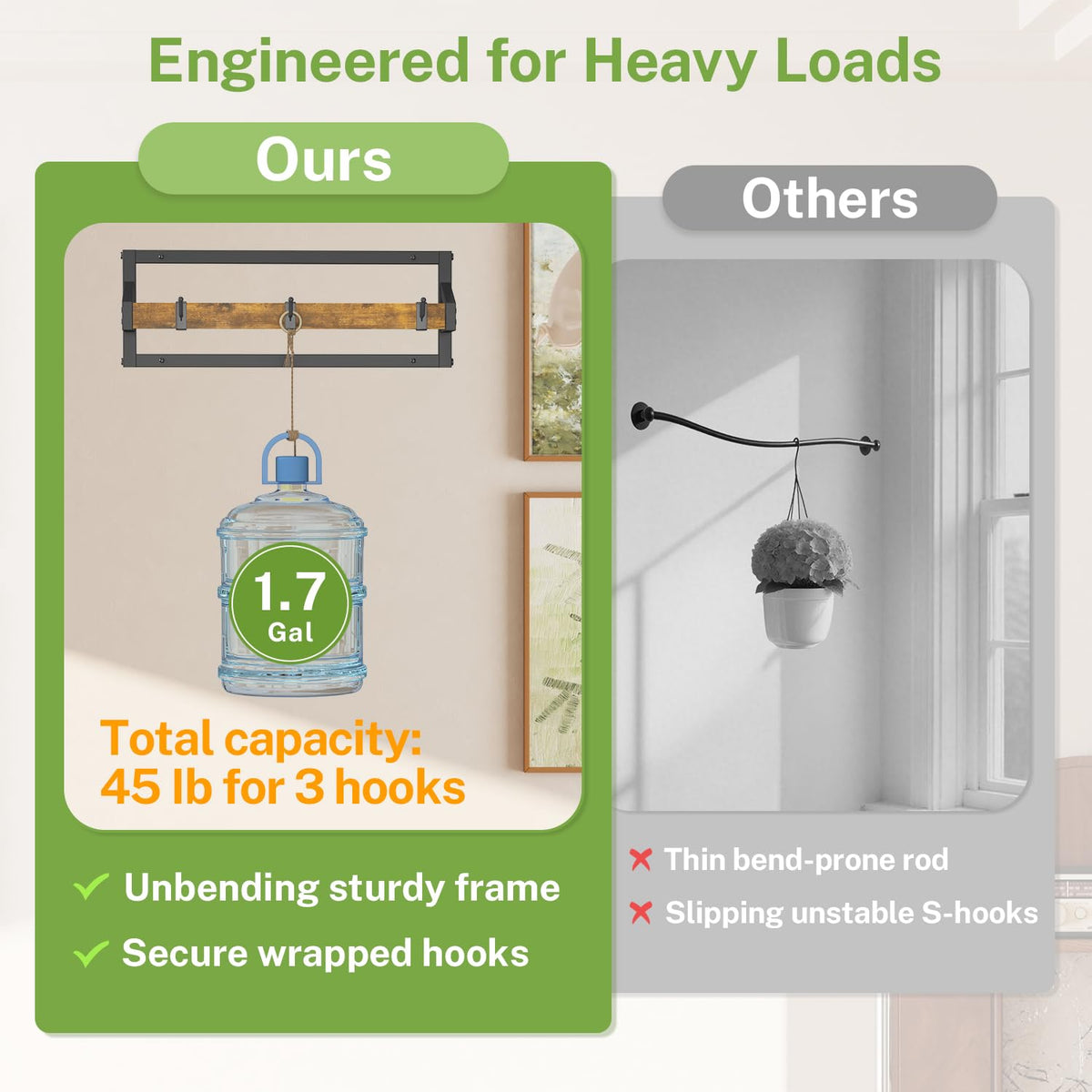 iDavosic.ly Plant Hanger Indoor Set of 2 for Wall & Ceiling, Metal and Wood Hanging Rod with 6 Hooks, Floating Flower Display Shelf for Window, Space Saving (Pots/Chains/Plants Not Included)