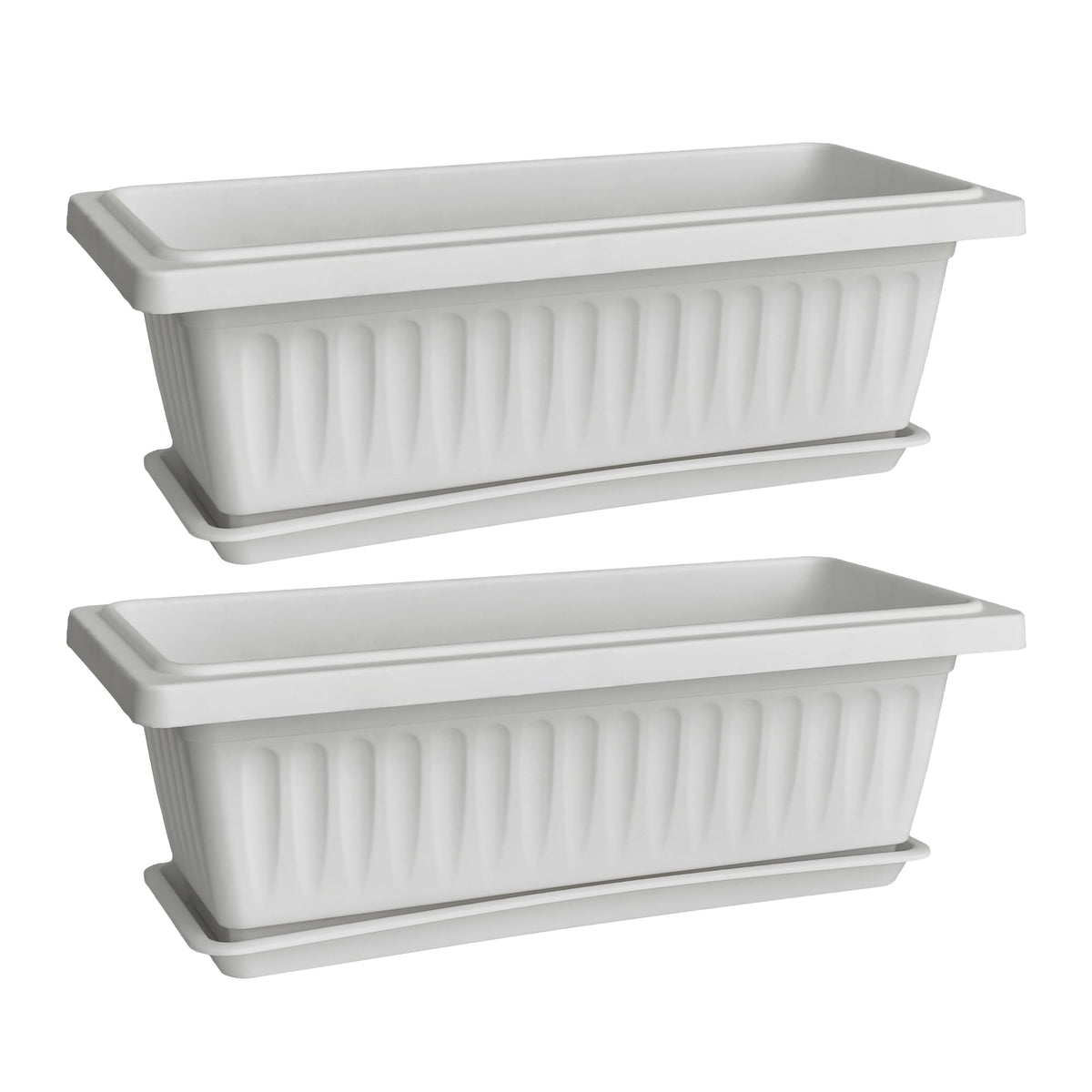 OUMUHE 19 Inch Rectangular Plastic Planters with Drainage and Matching Trays, Set of 2, Window Box Flower Pots for Indoor Outdoor Use (White)