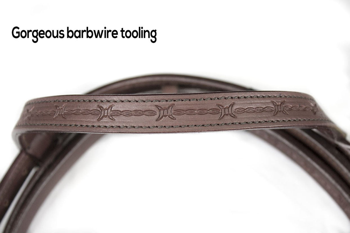 Tahoe Tack Barbwire Leather Western Hand Tooled Browband Headstall with Matching Split Reins