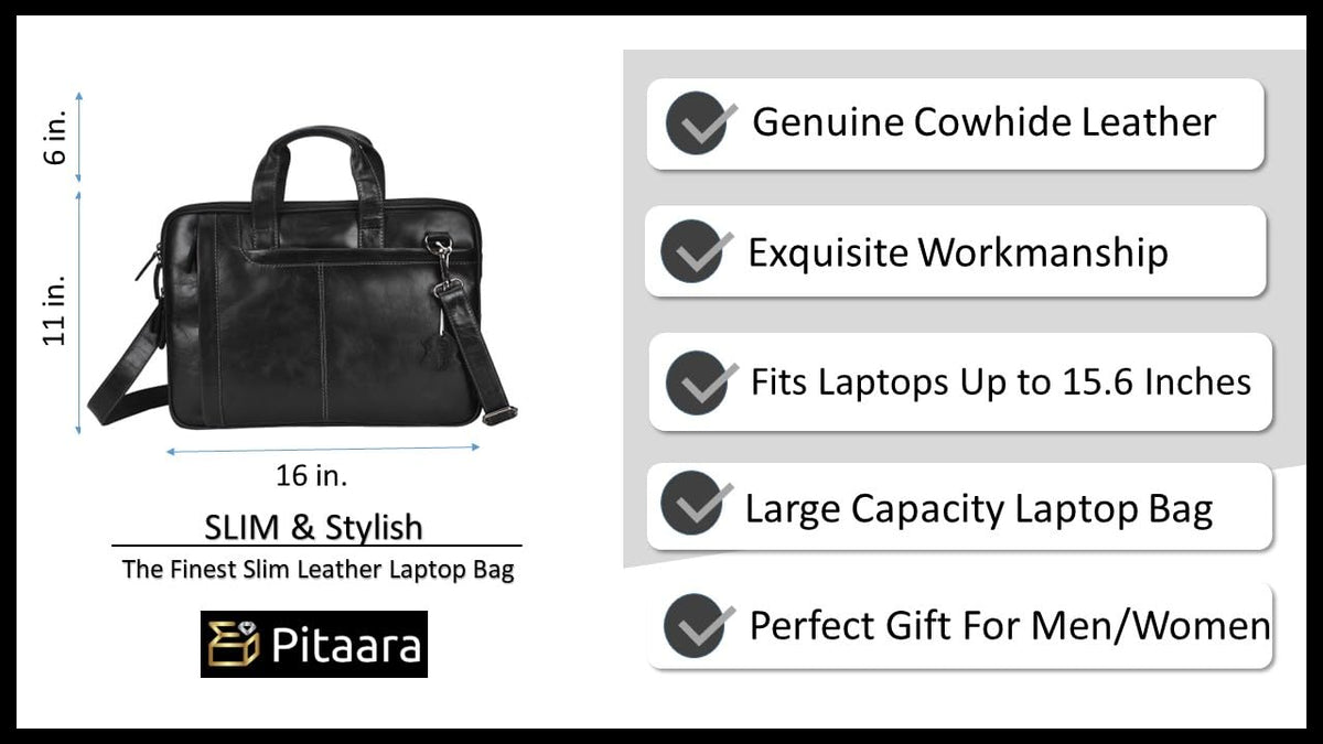 Pitaara Genuine Leather Messenger Laptop Bag For Men And Women, Black Briefcase, Fits Laptop Size 16", Unisex