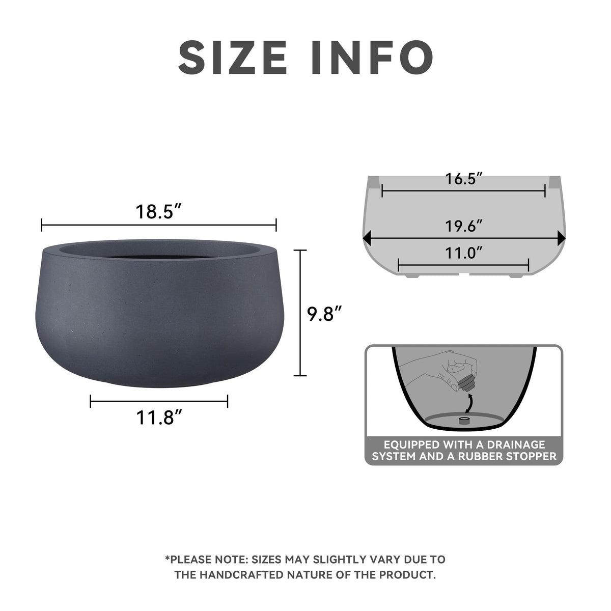 Kante 19.6" Dia Round Concrete Planter, Cement Plant Pots with Drainage Hole and Rubber Plug for Outdoor Indoor Garden Home, Modern Curvaceous Design, Dark Gray