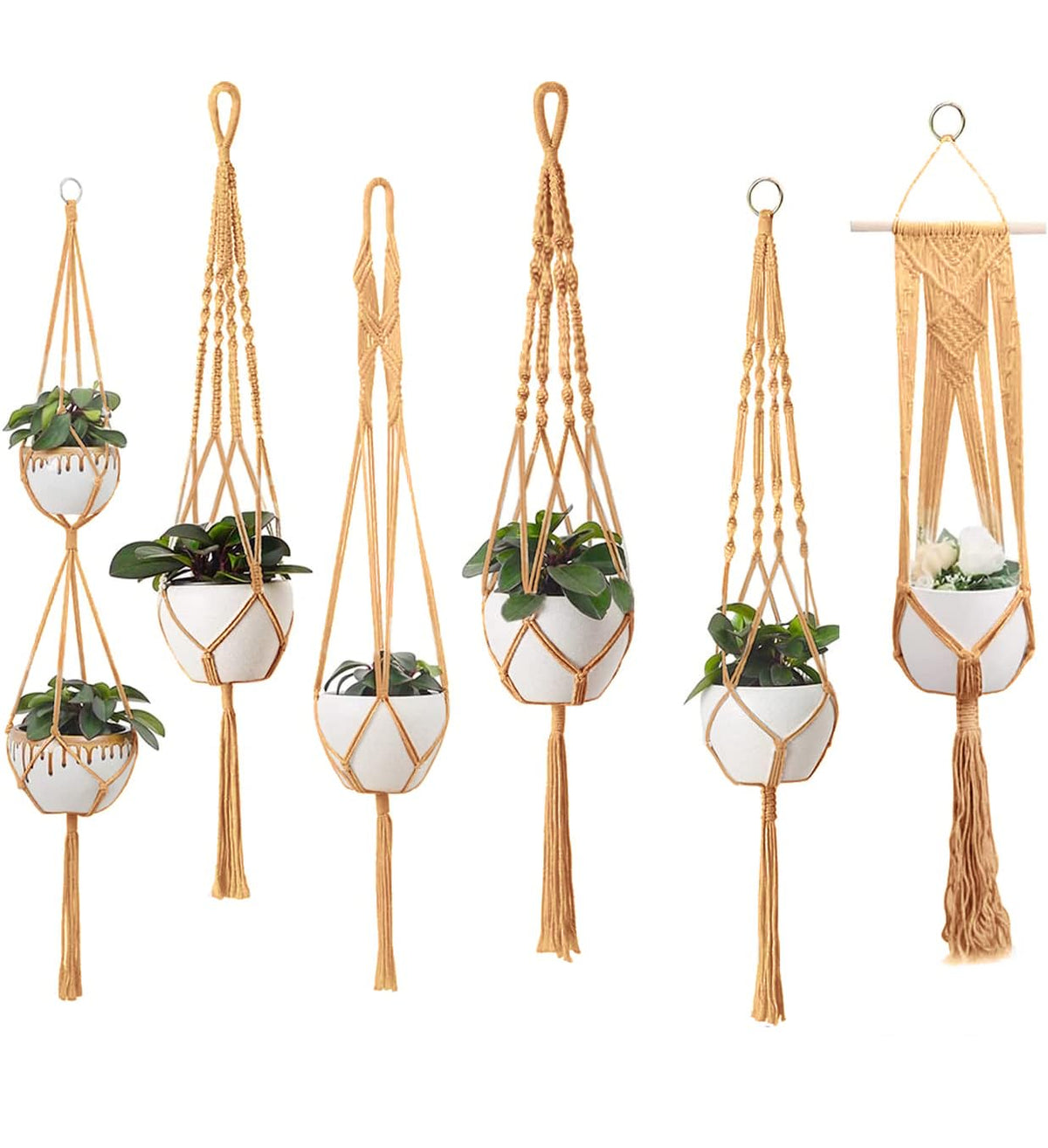 feedee Macrame Plant Hangers - 6 Pack, Brown, Indoor/Outdoor, 11.9 lbs Capacity, Ready to Hang