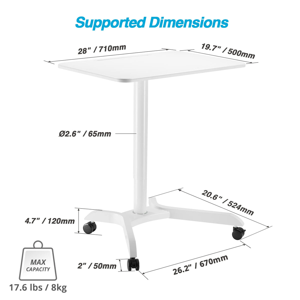 AVLT 44-inch Ambidextrous Pneumatic Laptop Standing Desk Cart (3 ft 8 in), Mobile Rolling Desk with Adjustable Height, Folding Computer & Projector Cart, White Cart with Brakes