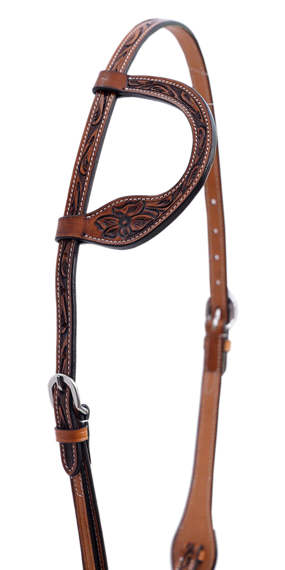 Majestic Ally Horse Headstall, Natural, Super Leather, Antique, Tooling, Quick Bit Change Western Headstall (Single Ear, Full)