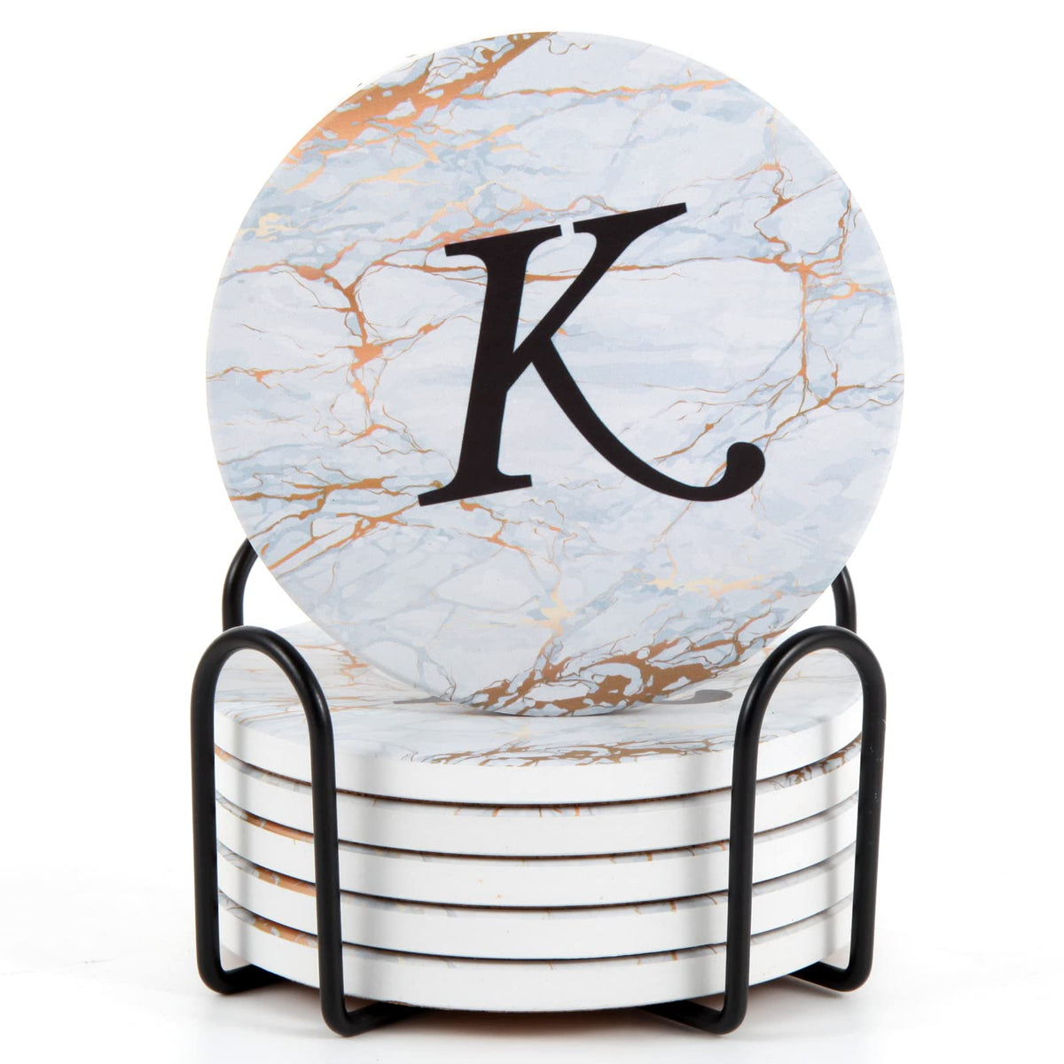 Monogrammed Coasters for Drinks Absorbents with Holder, Set of 6 Ceramic Marble Style Drink Coaster with Cork Base,Personalized Coasters Customizable with Name, Housewarming Gifts