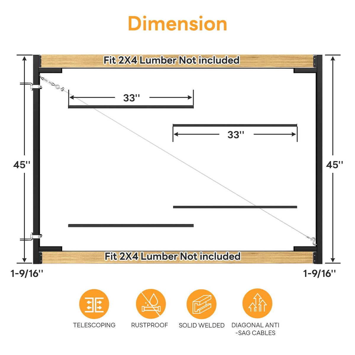 DIYHD Adjustable Full Frame Double Anti-Sag Gate Kit for 2x4 Lumber, Heavy Duty Powder-Coated Steel Hardware, Fits 33"-62" Wide, 4FT-5FT High Fence Gates for Garden, Driveway, Yard, Pool, 2 Pack