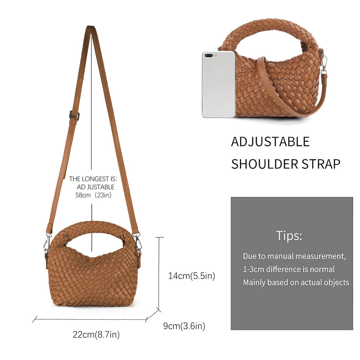 Woven Shoulder Bag for Women, Aesthetic Small Purse Trendy Top Handle Handbag PU Leather Crossbody Bag with Detachable Strap Cute for Mom Sister Girlfriend (BROWN)