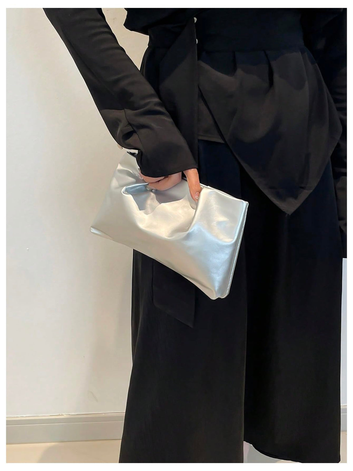 OYOANGLE Women's PU Leather Clutch Purses Small Zipper Ruched Minimalist Handbag Silver One Size