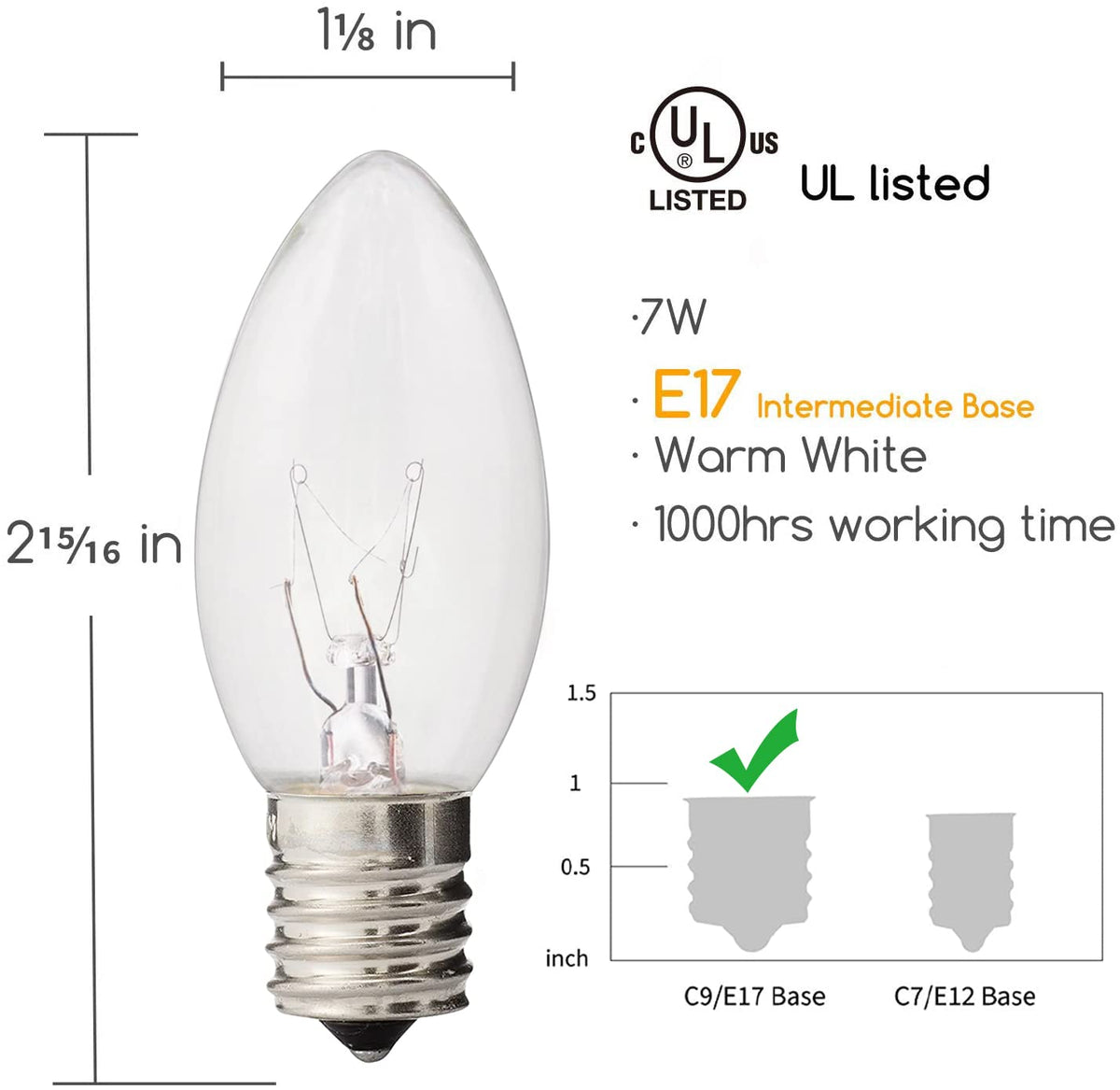 Abeja 25 Pack C9 Incandescent Replacement Bulb C9 Christmas Light Bulb for Holiday Party Christmas Decorative String Light E17 Intermediate Base 7w Clear Bulb