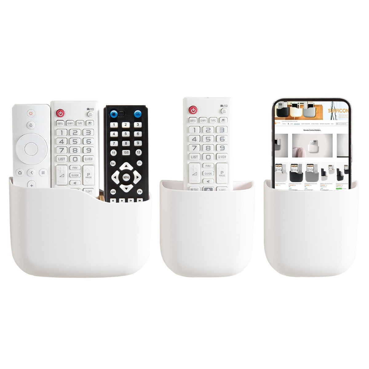 Remote Holder Wall Mount TV FAN Remote Control Holder Bedside Caddy Wall Organizer Phone Holder for Office Adhesive Media Player Controller Holder Box Tray Home Desk Nightstand 1 BIG 2 SMALL WHITE
