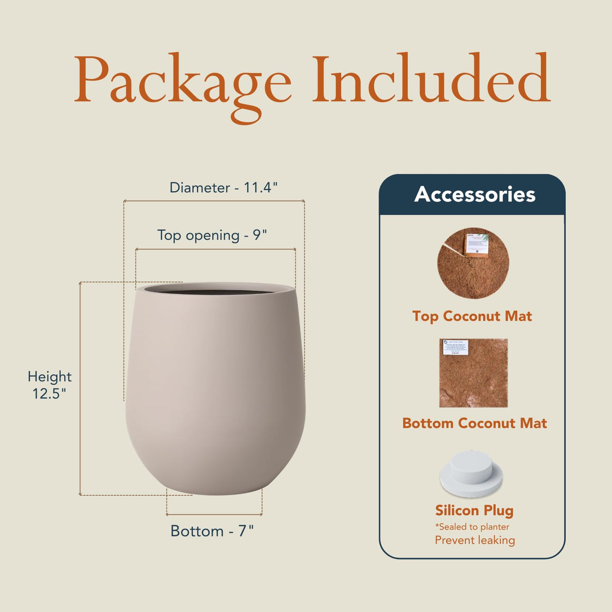 KUTE NEST 12.5" H x 11.4" D Premium Corso Fiberstone Round Tapered Planter with Drainage Hole, Weather Resistant for Indoor and Outdoor Use, Included 2 Extra Coco Mats (Taupe, 9" Pot Opening)