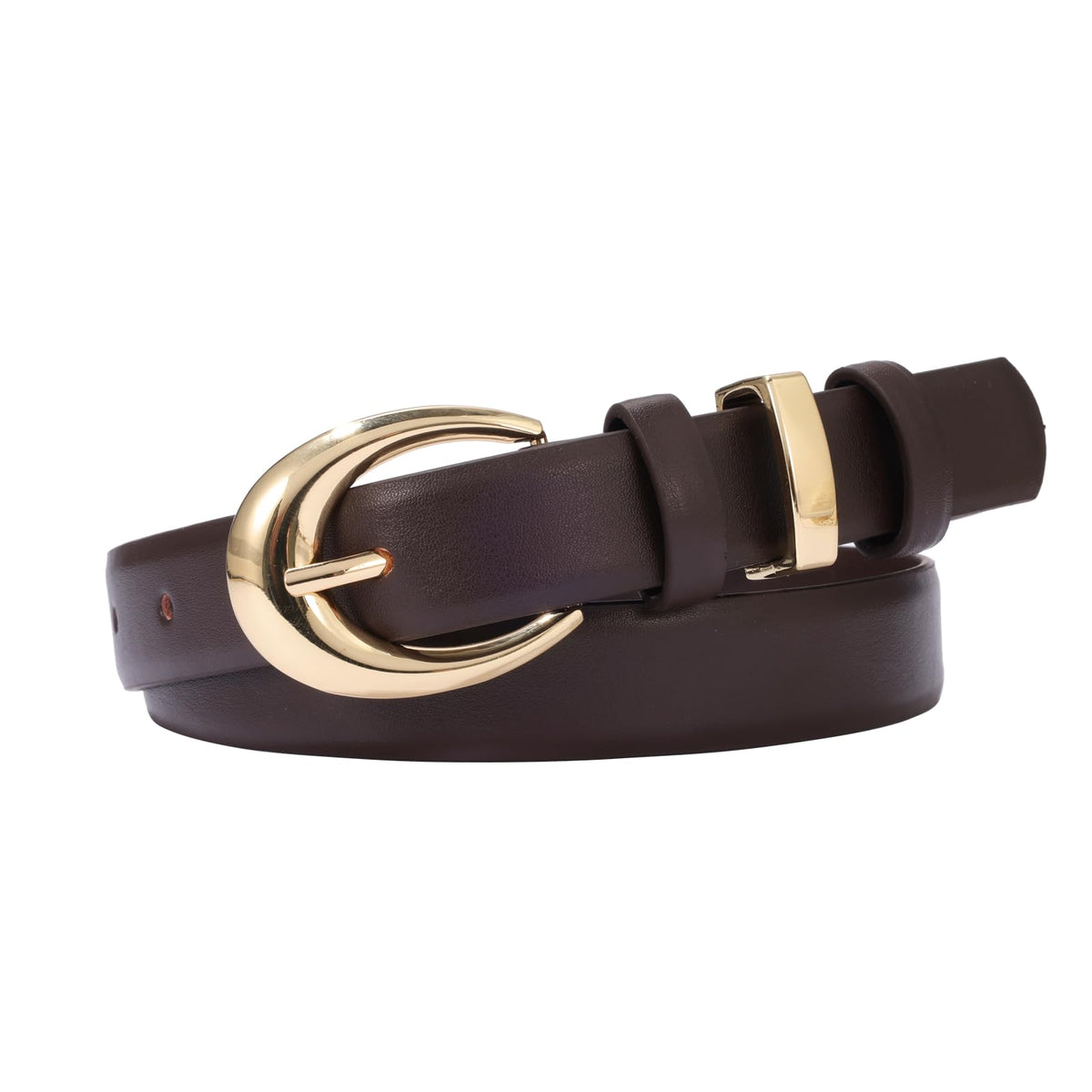 KONQUWA Women's Cow Leather Belt for Jeans Pants Fashion Ladies Skinny Dress Waist belt with Gold Buckle (Coffee/Gold Buckle,37″-43″)