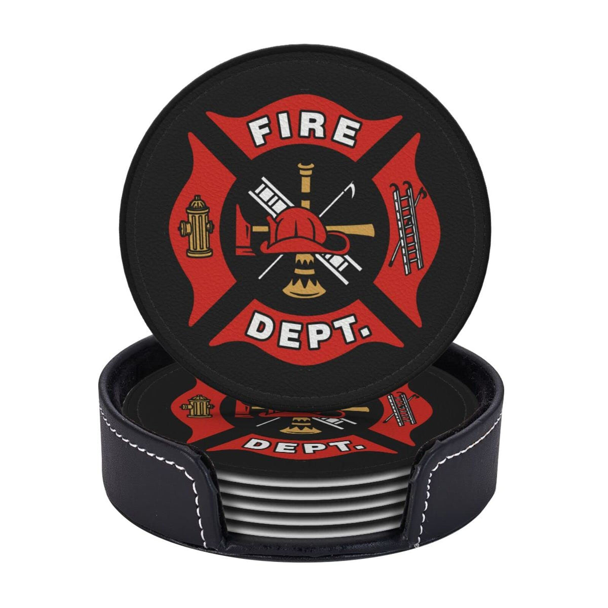SEPTYK Firefighter Fire DEPT. Logo Rescue Pattern Coasters for Drinks with Holder Set of 6 Leather Round 4" for Home Kitchen Decor Coffee Cup Housewarming