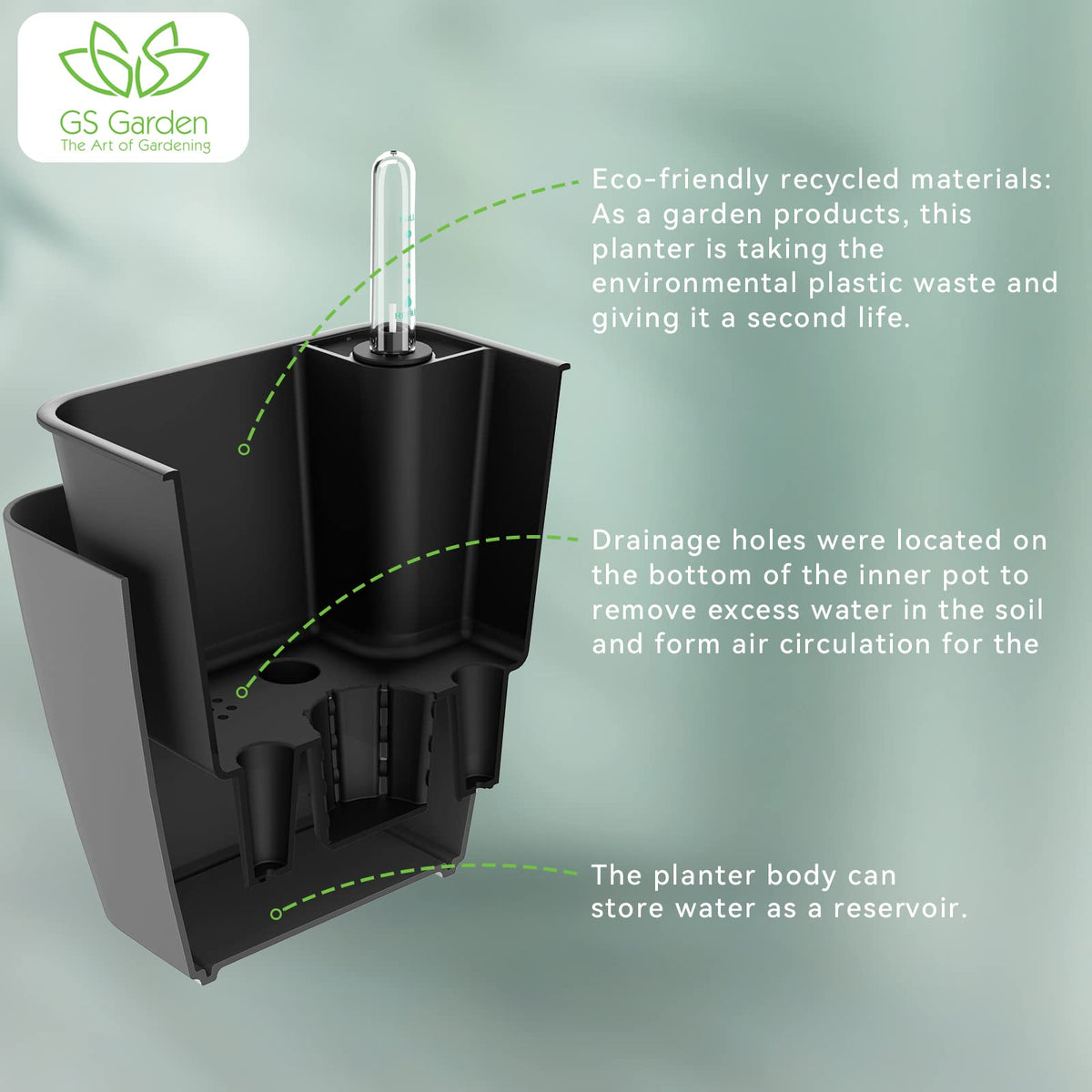GS Garden Self Watering Planters for Indoor Plants, 5.2 Inch 3 Pack Square Plastic Plant Pots with Water Level Indicator & Drainage System for African Violet Herbs Succulents - Gery