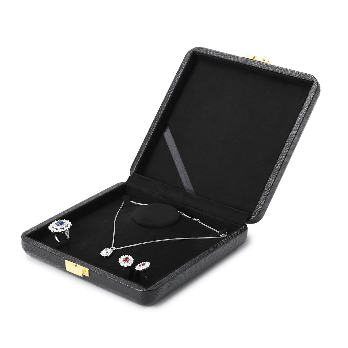Oirlv Black Leather Jewelry Set Box with Gold Clasp, Luxury Velvet Lined Organizer for Rings, Necklaces & Earrings