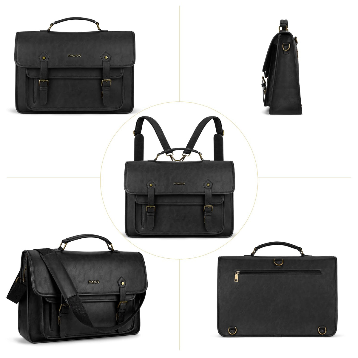 MOSISO 3 in 1 Laptop Bag, 15.6 inch PU Leather Shoulder Bag Briefcase Messenger Satchel Laptop Backpack, 15-16 inch Computer Bags Handbag Bookbag, Black