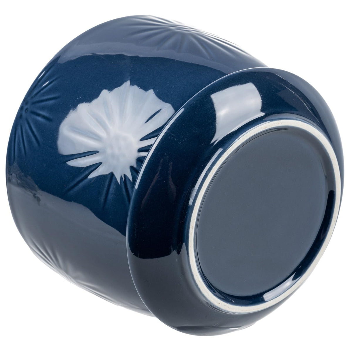 MyGift 7 Inch Round Blue Ceramic Plant Pot with Drainage Hole and Attached Saucer, Modern Decorative Embossed Sunburst Planter Container for Indoor Home Garden