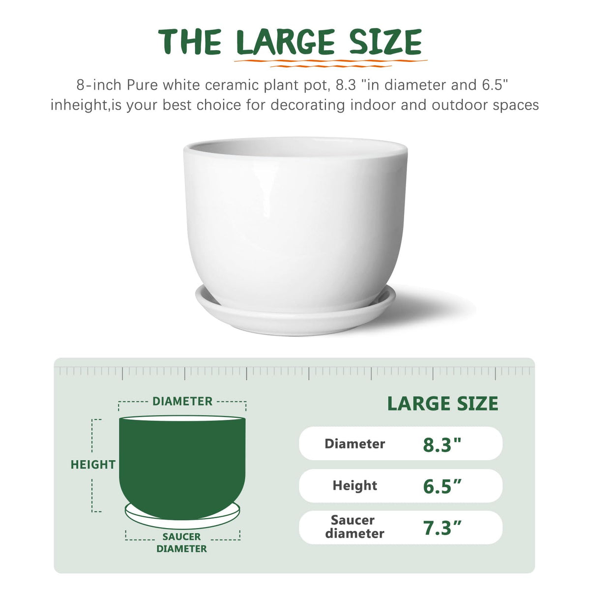 YUFDA 8 Inch Ceramic Planter, Plant Pots with Drainage Hole and Separable Saucer,Indoor-Outdoor Round Succulent Orchid Flower Pot,Indoor pots for Plants(Smooth White,Plant Pot only)