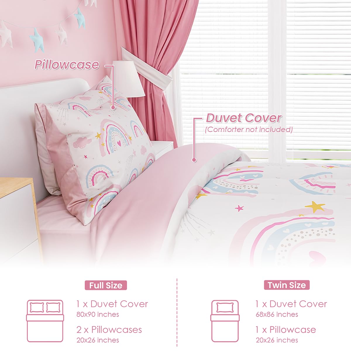 SANDJEST Rainbow Duvet Cover Sets Full Size for Kids Girls, Incude 1 Polyester Comforter Cover 80x90 Inches and 2 Pillowcases 20x26 Inches, Comforter Not Included, Gift for Christmas Birthday