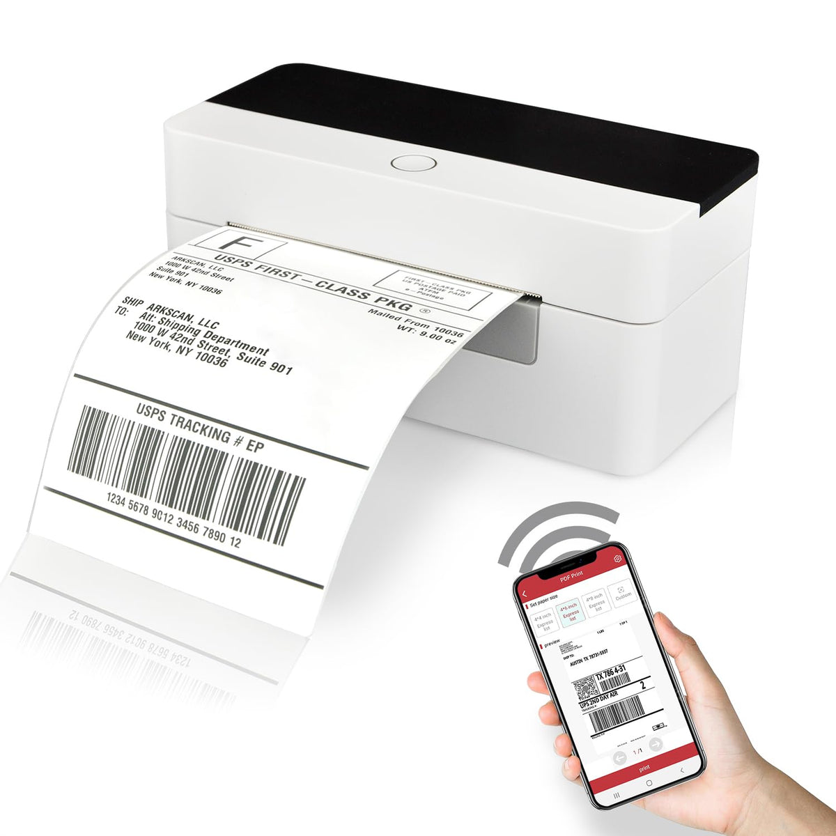 Arkscan 2054N-WF Mini WiFi Wireless Shipping Label Printer for iPhone Windows Mac Chromebook Android Support Amazon Ebay Paypal Shopify Shipstation UPS USPS FedEx Fanfold Direct Label