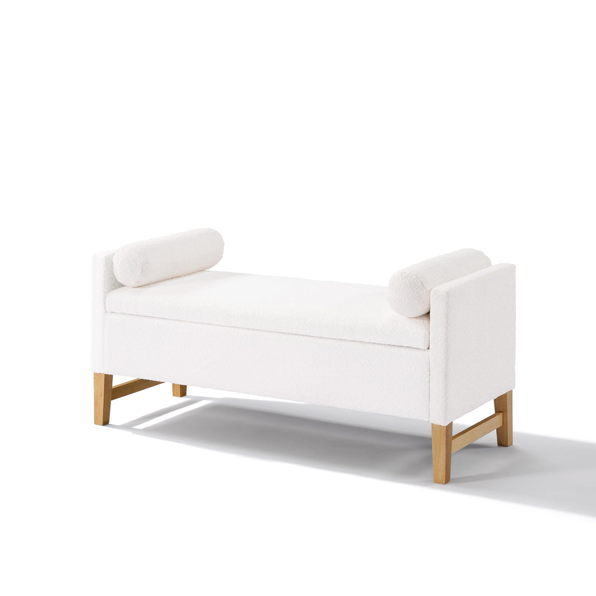 Christopher Knight Home Namo Boucle Upholstered Ottoman with Storage, Wooden Storage Ottoman Bench with Pillows, Long Entryway Ottoman Foot Rest, Bedroom End of Bed Foot Stools Ottoman, Natural+Ivory