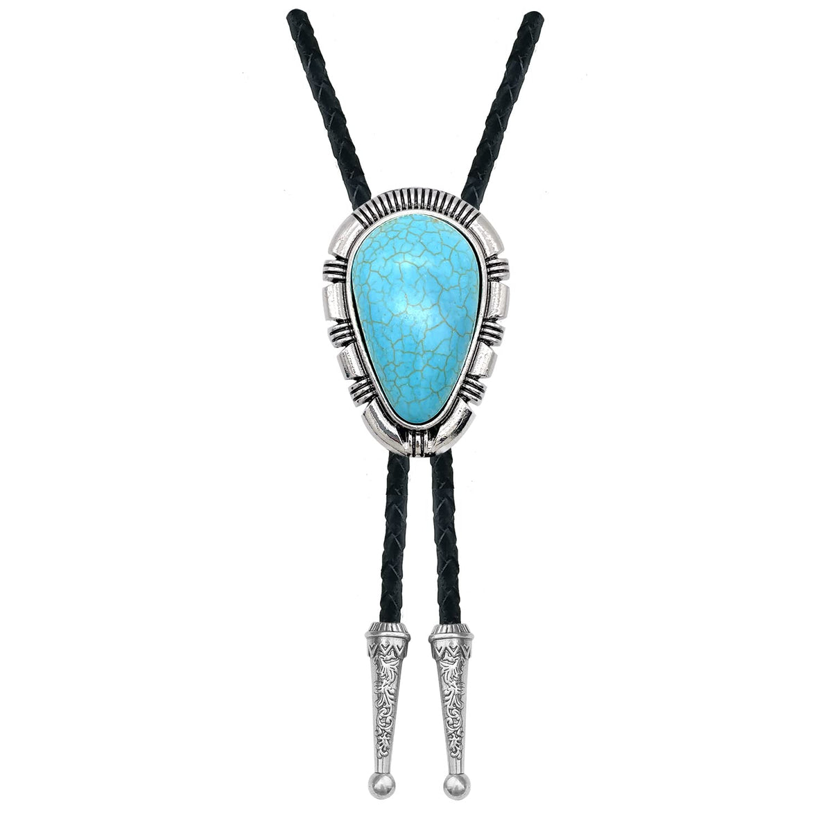 YOQUCOL Droplet Shape Blue Turquoise Stone Bolo Tie Native Western Cowboy Bola Tie Hand-woven Leather Necktie for Men Women