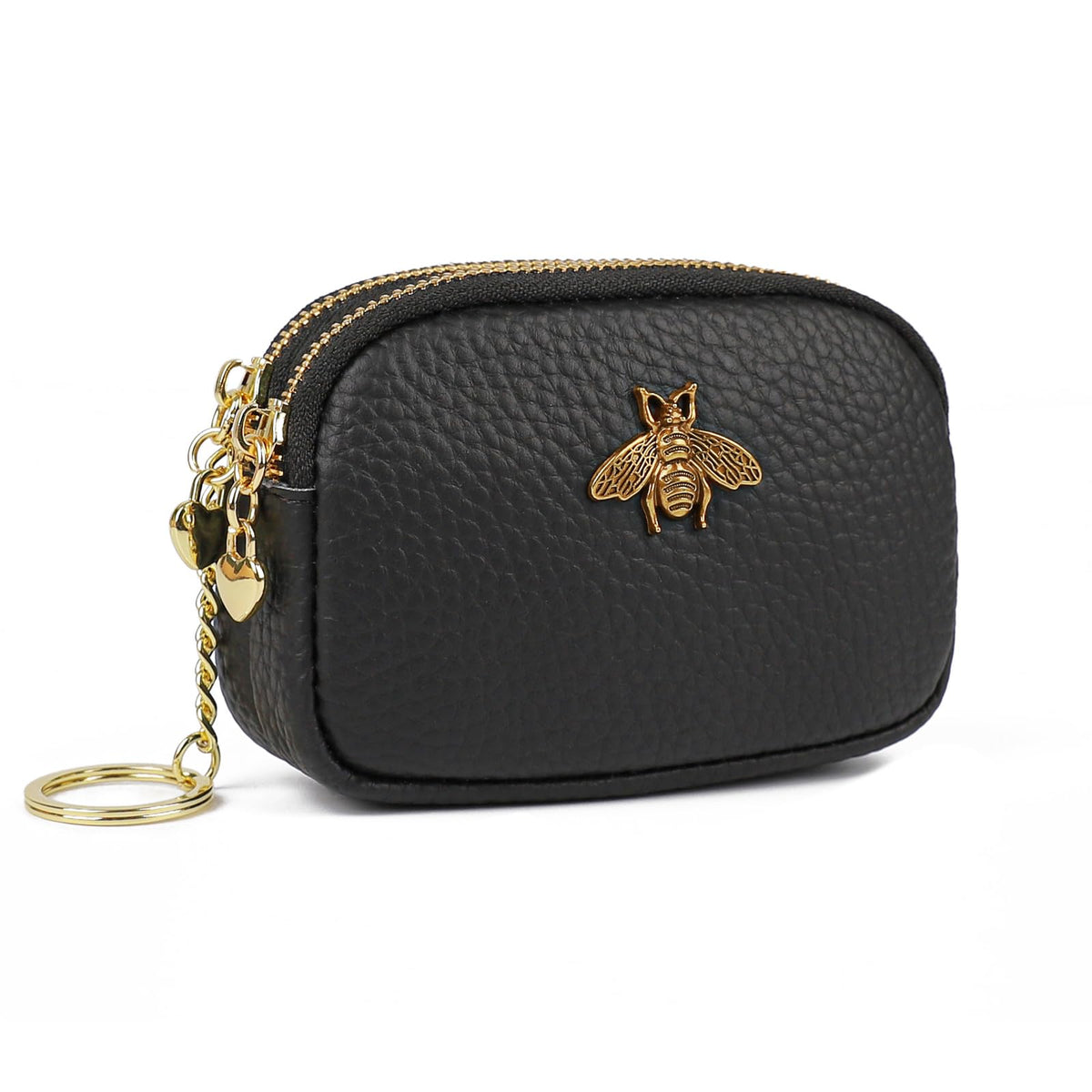 imeetu Women Leather Coin Purse, Small 2 Zippered Change Pouch Wallet(Copper Bee, Black)