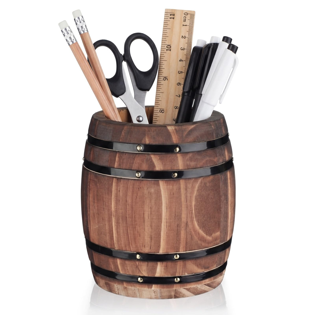 ForraFun Wine Barrel Pen & Pencil Holders Accessories Wooden Desktop Pencil Holder Containers Farmhouse Stationery Organizer Stand for Office Table Desk Accessory