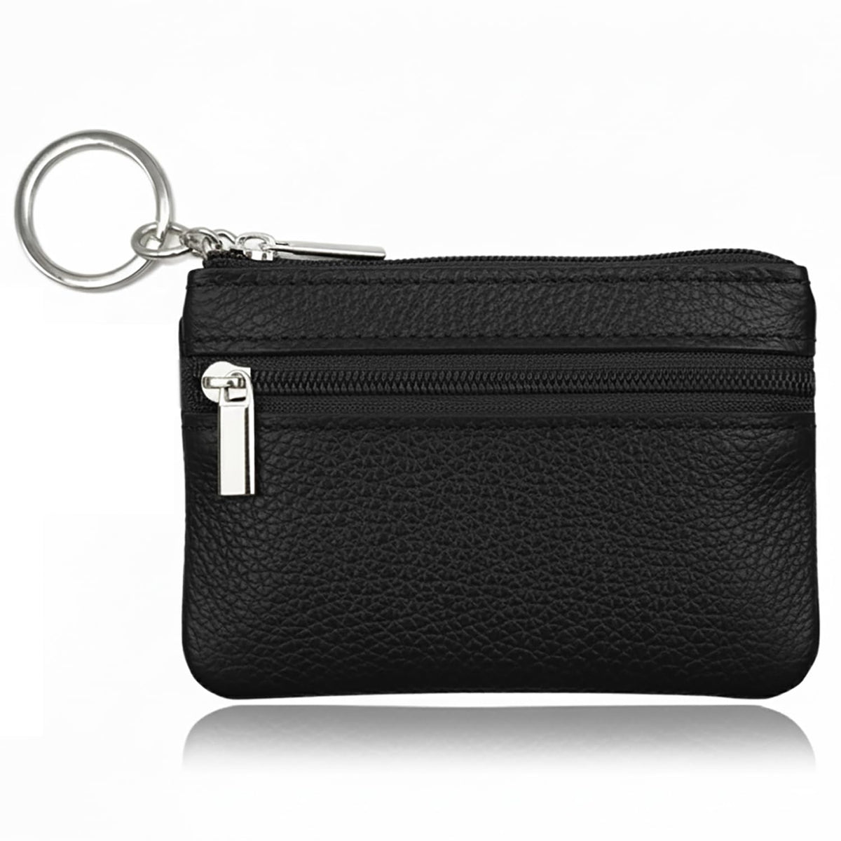 Hibate Black Small Mini Size Leather Coin Purse Change Pouch for Women Men Kids with Zip Key Ring