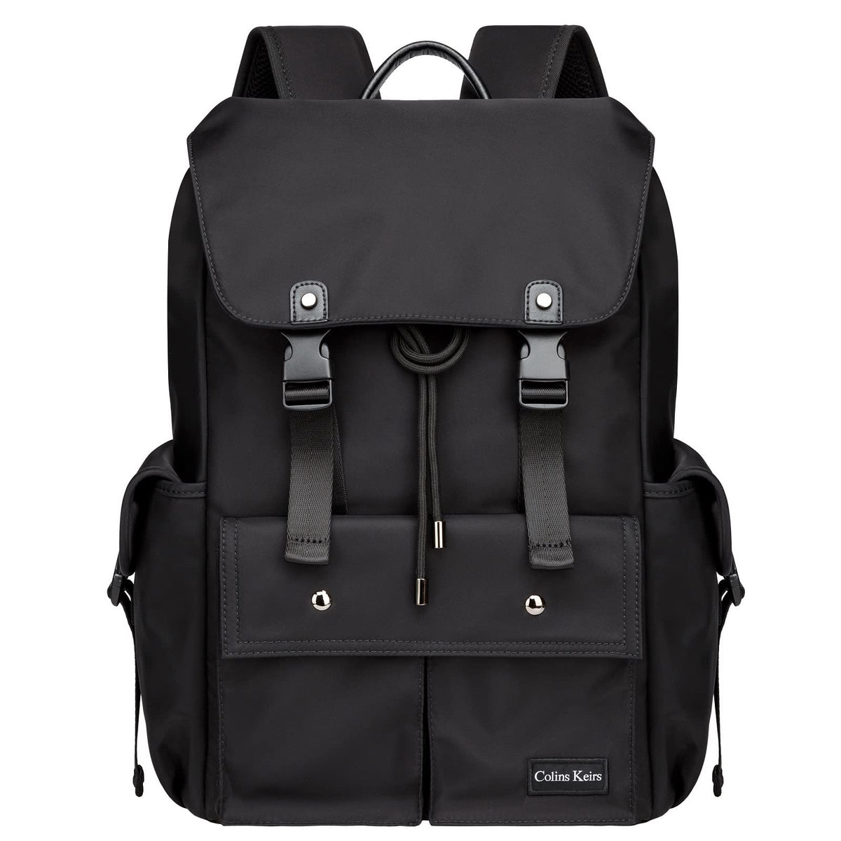 Colins Keirs Black Backpack for Men, 16 Inch Laptop Backpack with Computer Compartment, Slim Waterproof Drawstring Tech Backpack for Travel, Work, College & Daily Use