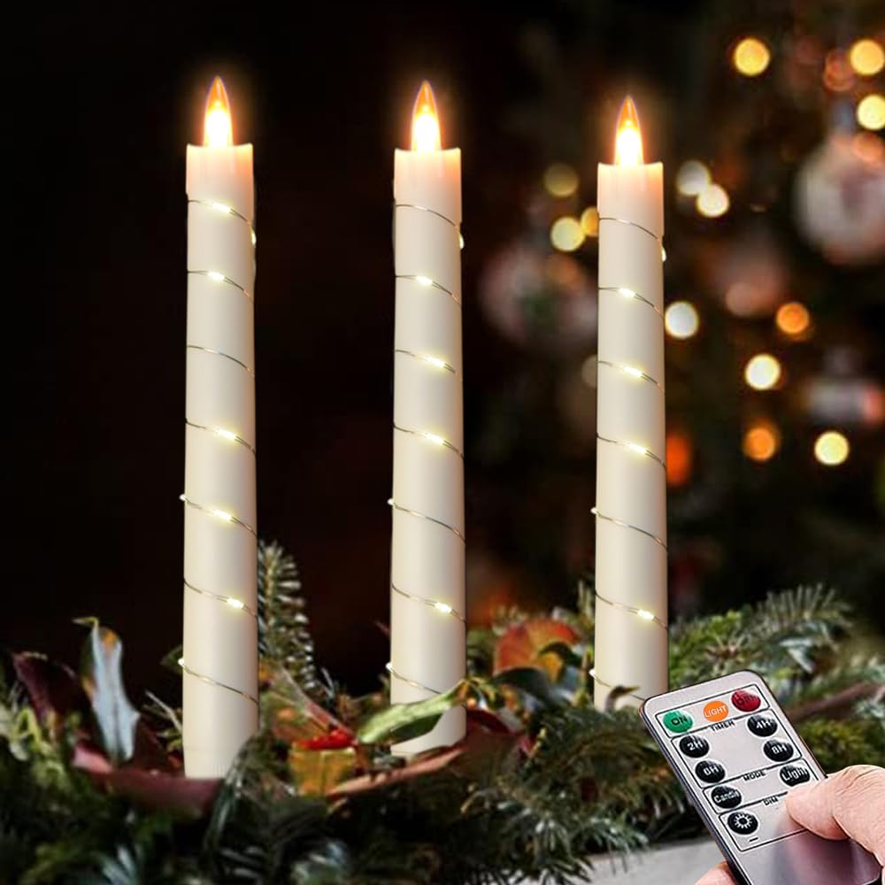 Flameless Cone Candle with Built-in Star String Light, 11-Button Remote Control, Timer, Battery Powered, Simulated Flame, 3-Pack Window Candle, Christmas Home & Wedding Decoration (Ivory)