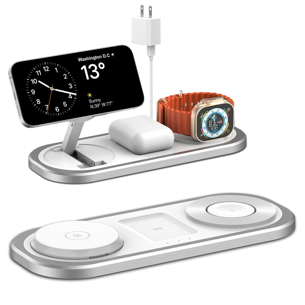 3 in 1 Fast Wireless Charger Stand for iPhone, Foldable Travel Charging Station for Magsafe for iPhone 17/Air/16/15/14/13/12 Series, Apple Watch Series, AirPods pro/2/3/4, Gifts for Women Men (Silver)