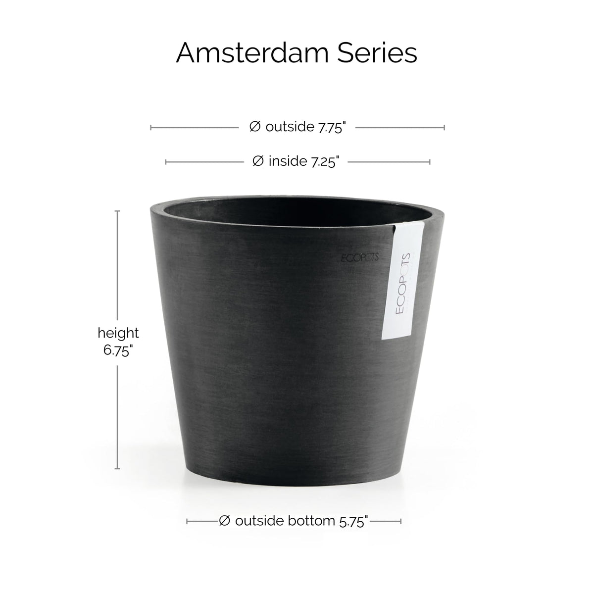 Ecopots Amsterdam Durable Modern Round Indoor/Outdoor Recycled-Based Composite Flower Pot Planter, Dark Grey, 8"